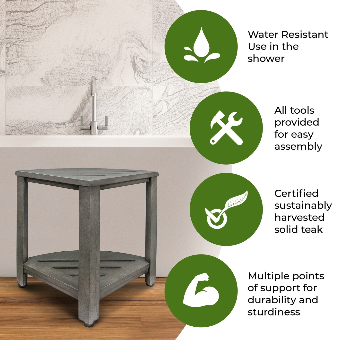 CoastalVogue, Teak Corner Shower Shelf, Shower Stool for Shaving Legs, Shower Foot Stool, Teak Shower Stool, Corner Shower Stool