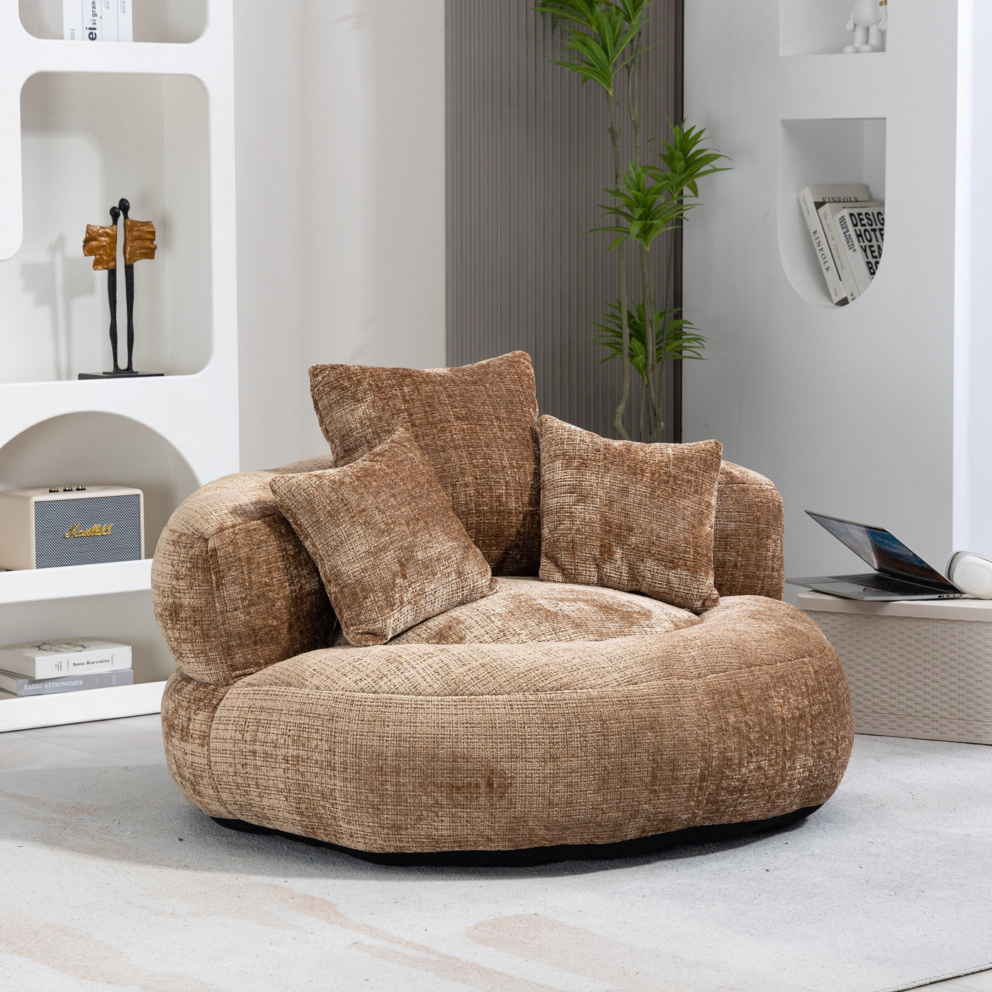 Coffee Oversized 42.52 Chenille Lazy Bean Bag Single Sofa with Three Pillows for Bedroom