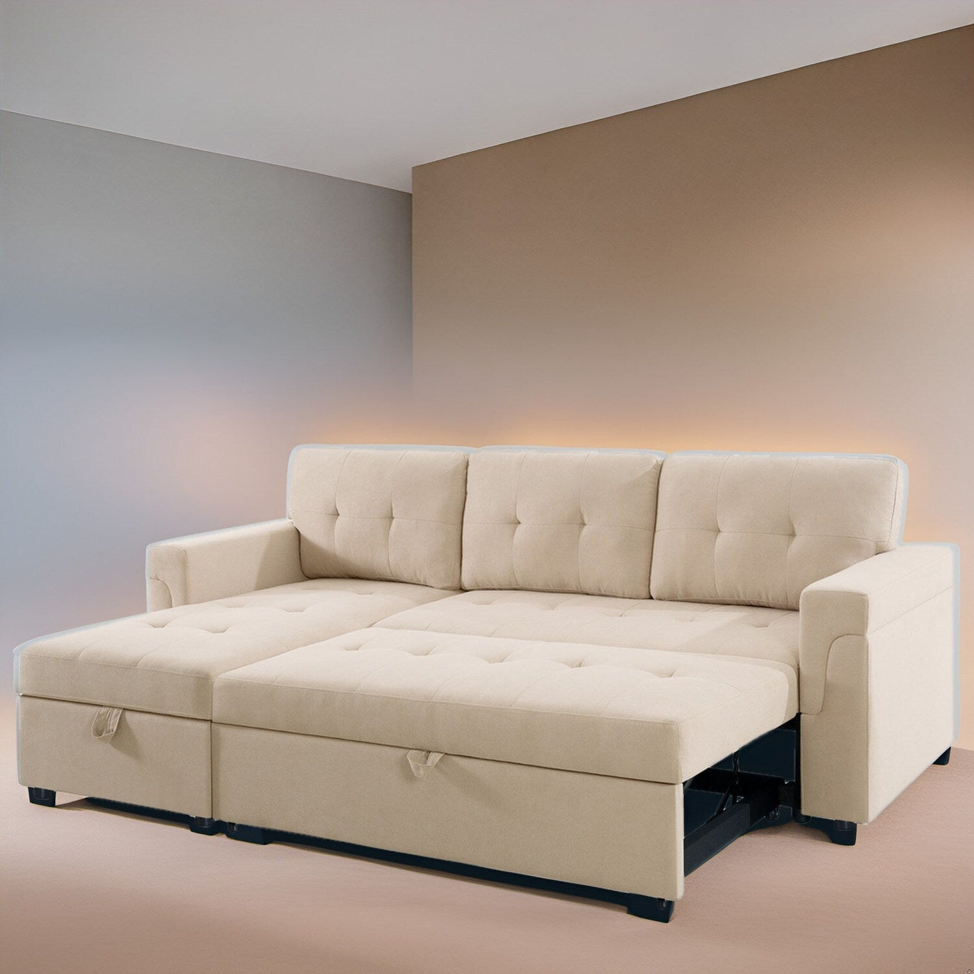 Convertible Reversible Sectional Sofa with Pull-Out Sleeper Bed, Hidden Storage Chaise, and Durable Legs