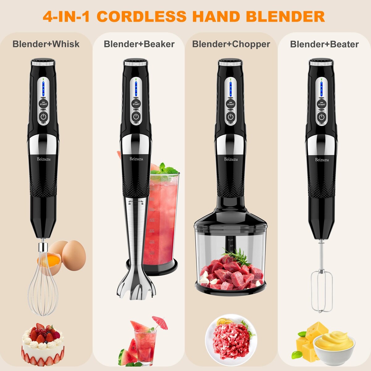 Cordless Hand Blender: 4-in-1 USB Rechargeable Immersion Blender, 21 Variable Speeds & 3-Angle Adjustable with 700ml Chopper