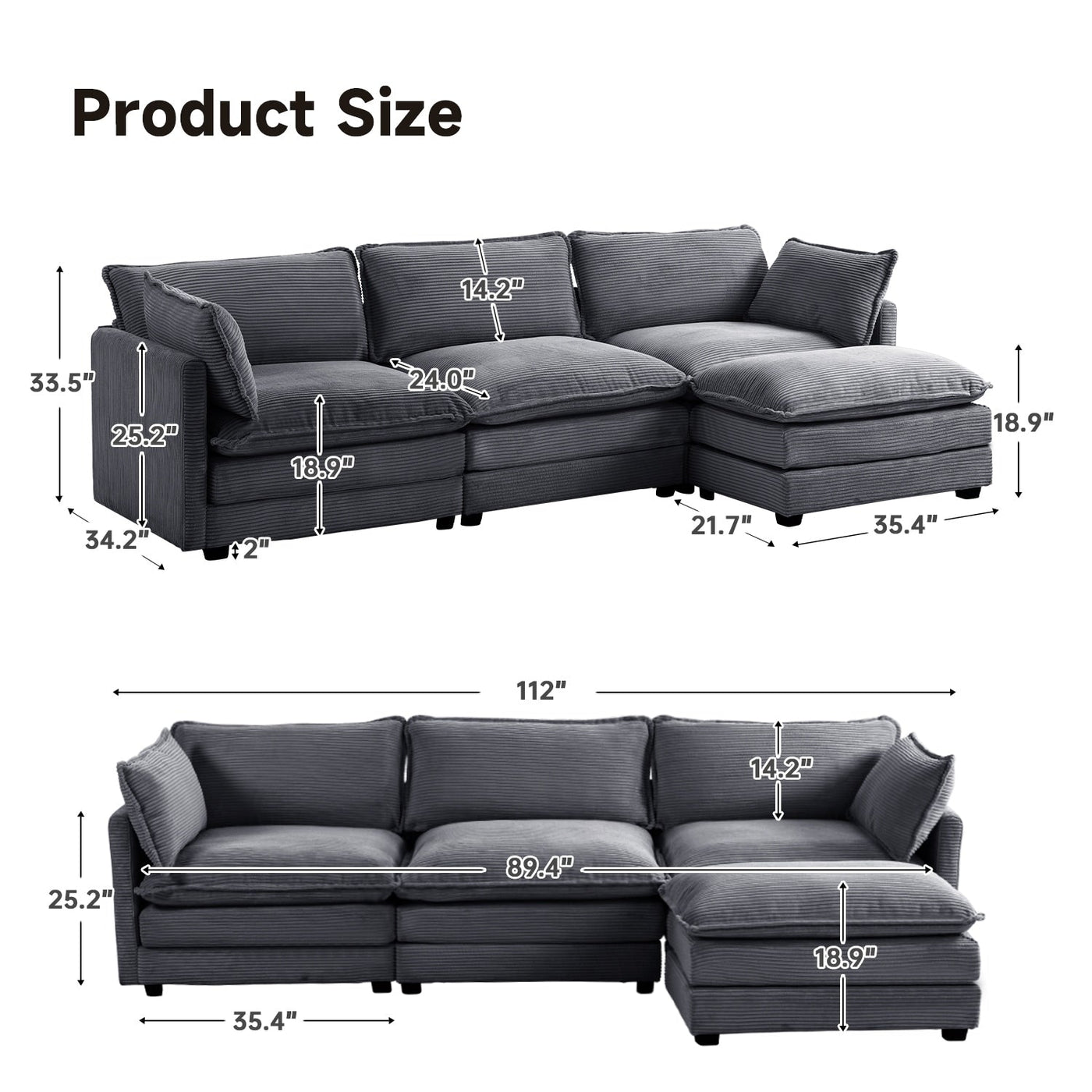 Corduroy Sectional Sofa with Removable Ottomans & Ultra-soft Cushions for Living Room & Bedroom