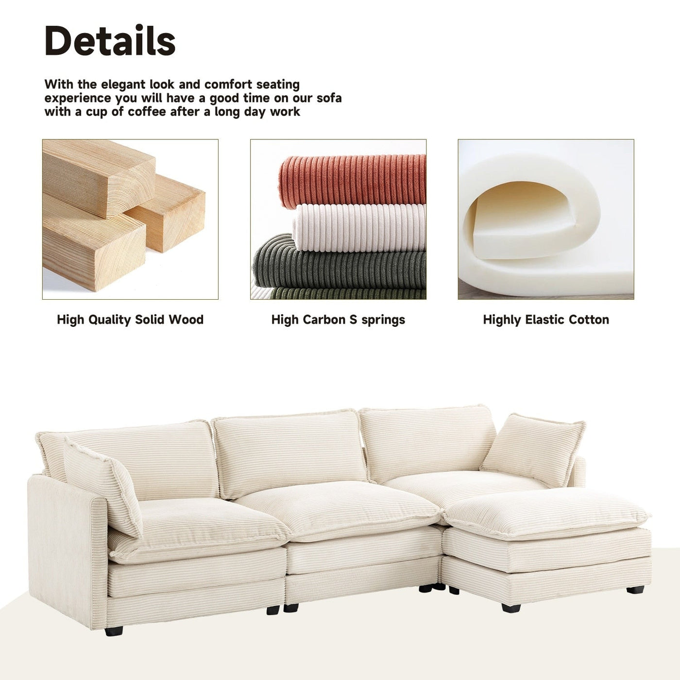 Corduroy Sectional Sofa with Removable Ottomans & Ultra-soft Cushions for Living Room & Bedroom