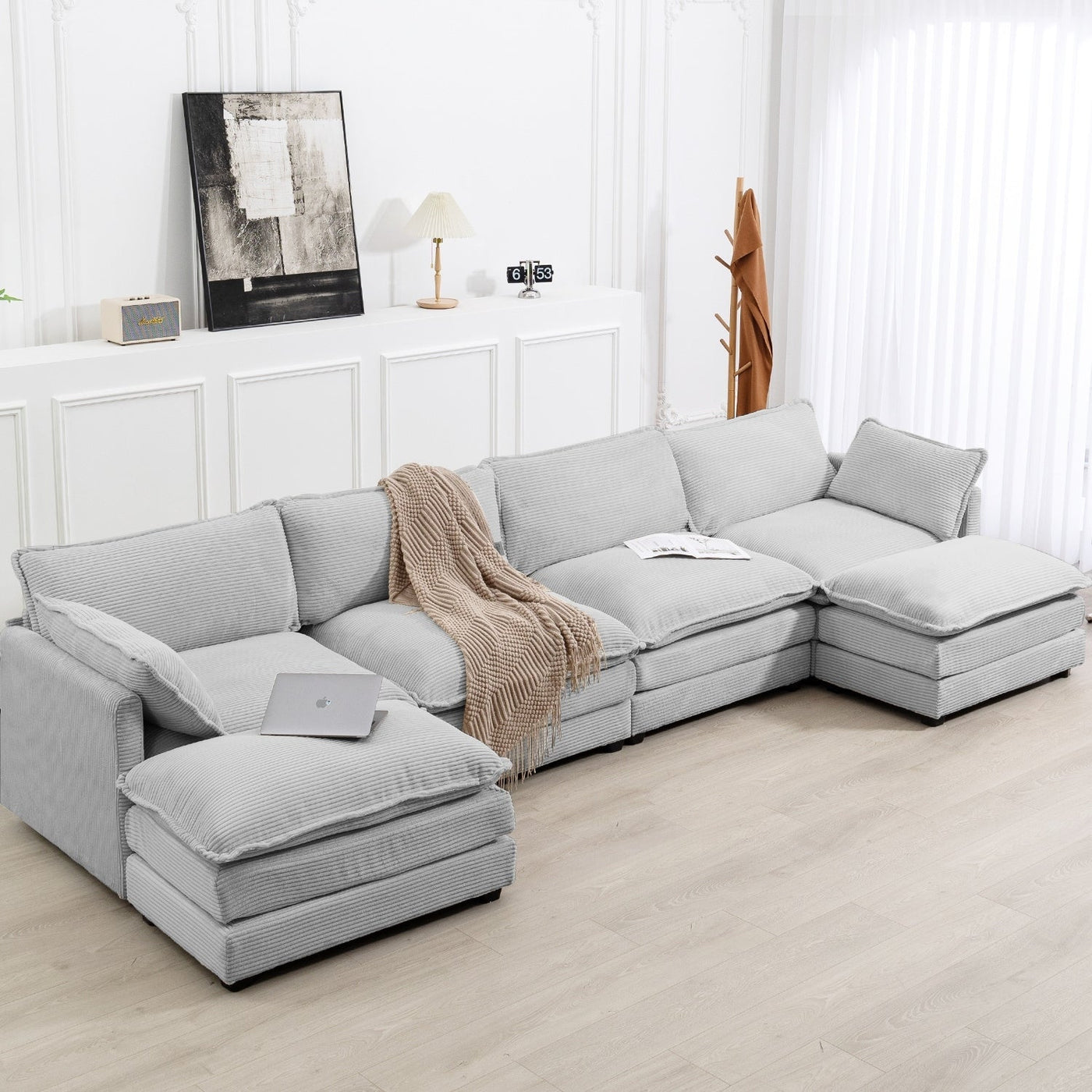 Corduroy Sectional Sofa with Removable Ottomans & Ultra-soft Cushions for Living Room & Bedroom
