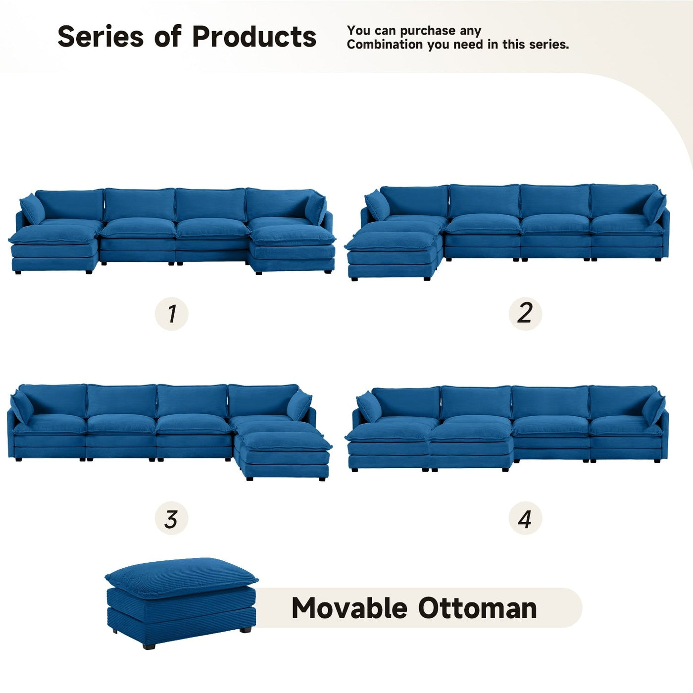 Corduroy Sectional Sofa with Removable Ottomans & Ultra-soft Cushions for Living Room & Bedroom