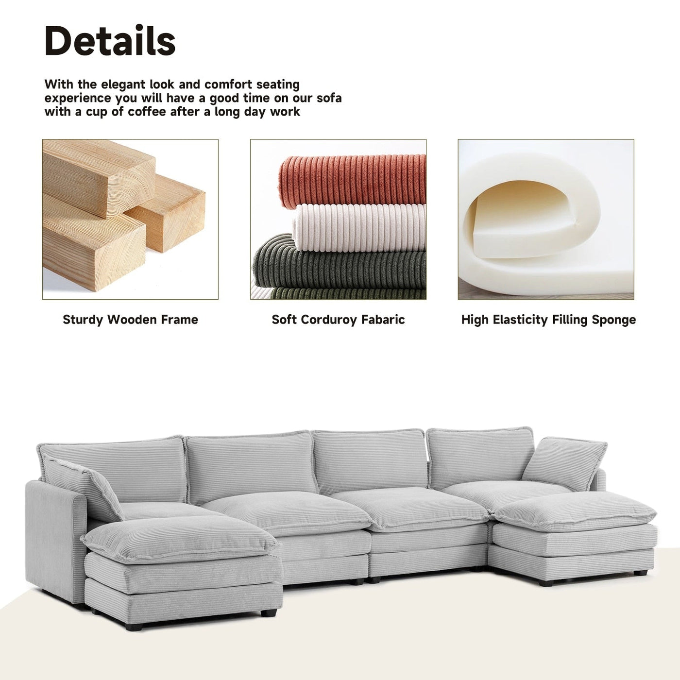 Corduroy Sectional Sofa with Removable Ottomans & Ultra-soft Cushions for Living Room & Bedroom