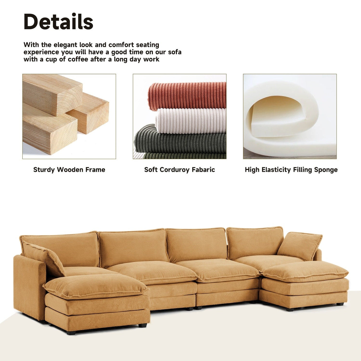 Corduroy Sectional Sofa with Removable Ottomans & Ultra-soft Cushions for Living Room & Bedroom