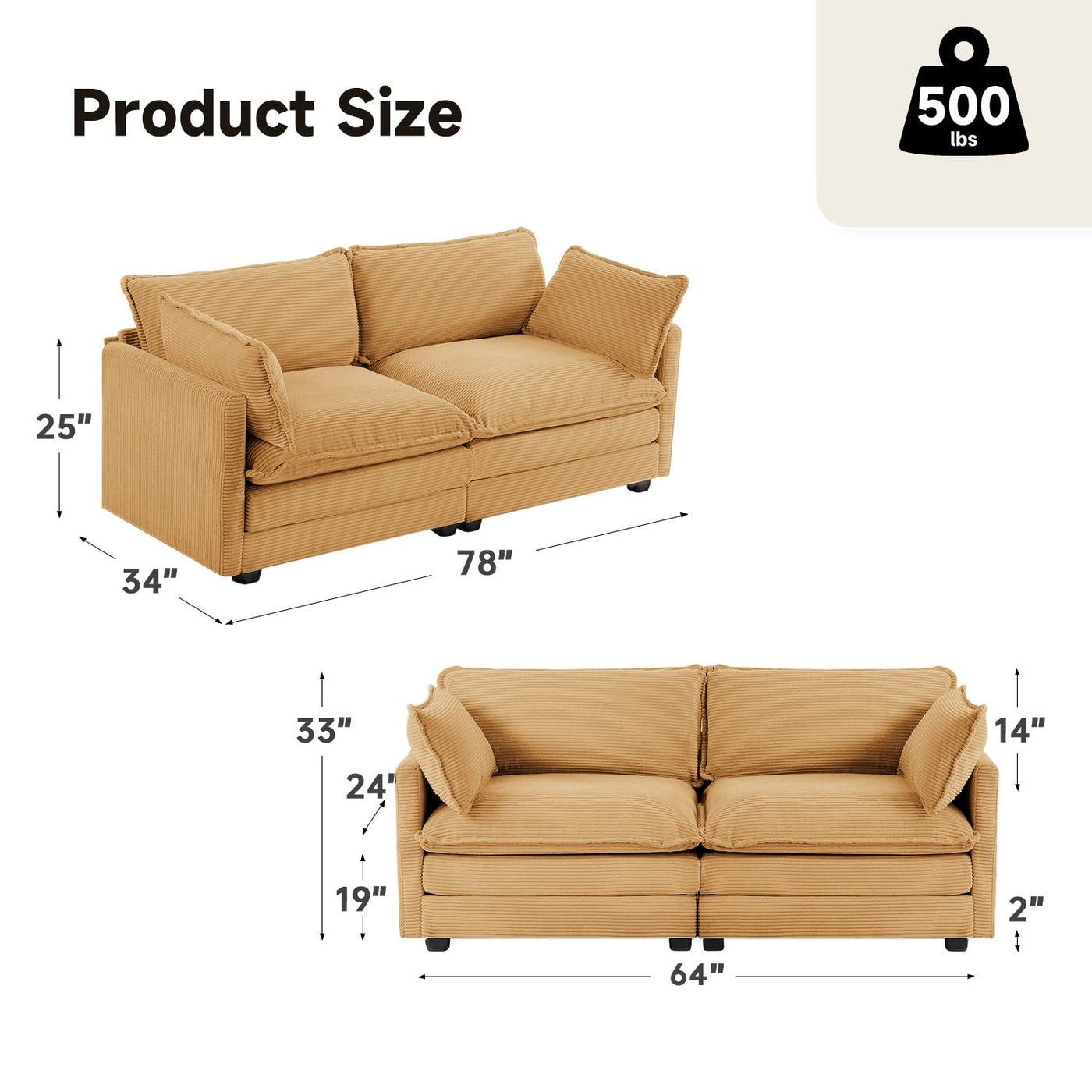 Corduroy Sectional Sofa with Removable Ottomans & Ultra-soft Cushions for Living Room & Bedroom