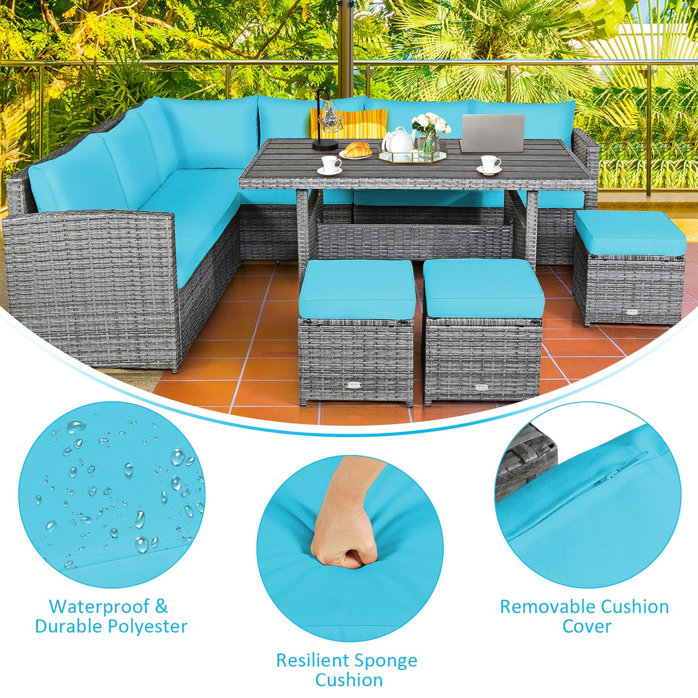 Costway 7 PCS Patio Rattan Dining Set Sectional Sofa Couch Ottoman - See Details