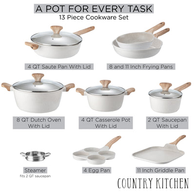 Country Kitchen Induction Cookware 13 Piece Cast Aluminum Pots and Pans with BAKELITE Handles