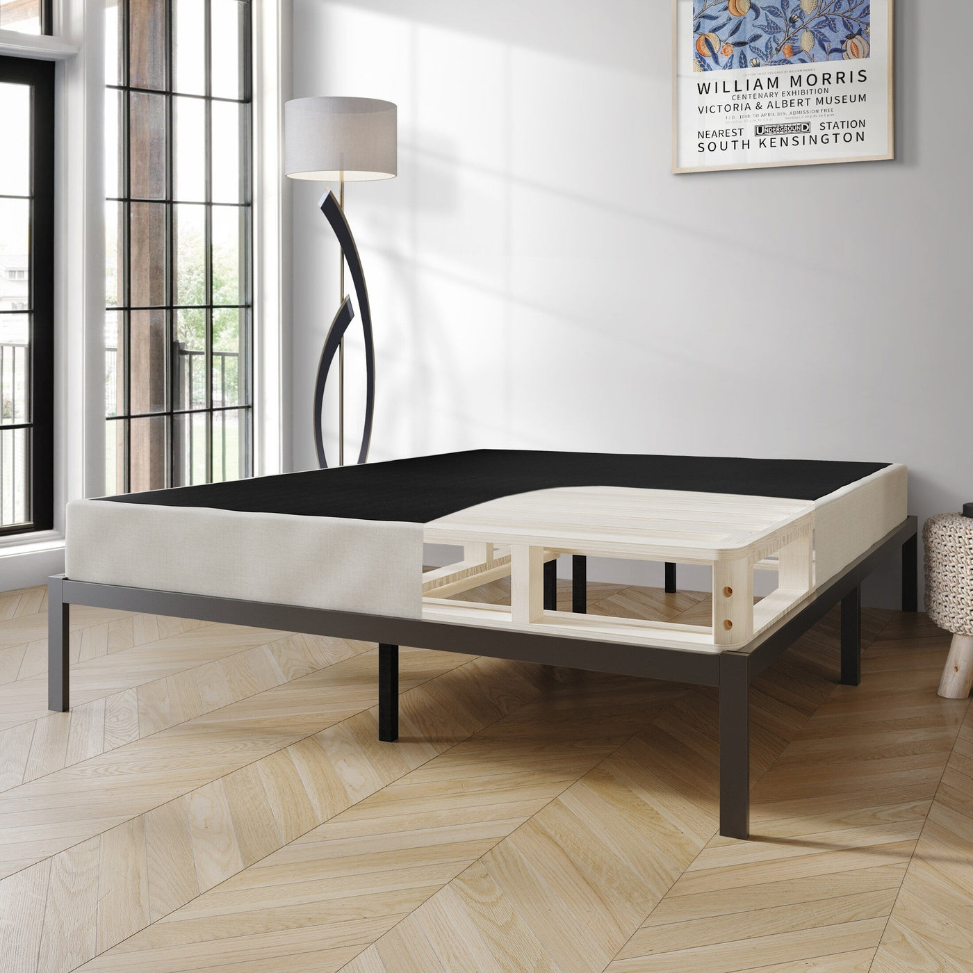 CraftPorch Solid Wood 5-Inch Box Spring Foundation with Wood Slats with Warm Grey Linen Cover