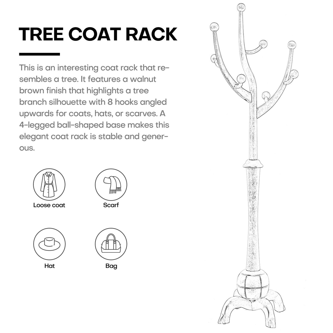 Tree-branch Rubberwood Freestanding Coat Rack with 8 Hooks - 24.5W x 70.87H