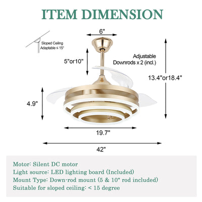Cusp Barn 42 Retractable Ceiling Fan with Lights and Remote DIY Shape Fandelier Modern Silent DC Motor LED Ceiling Light