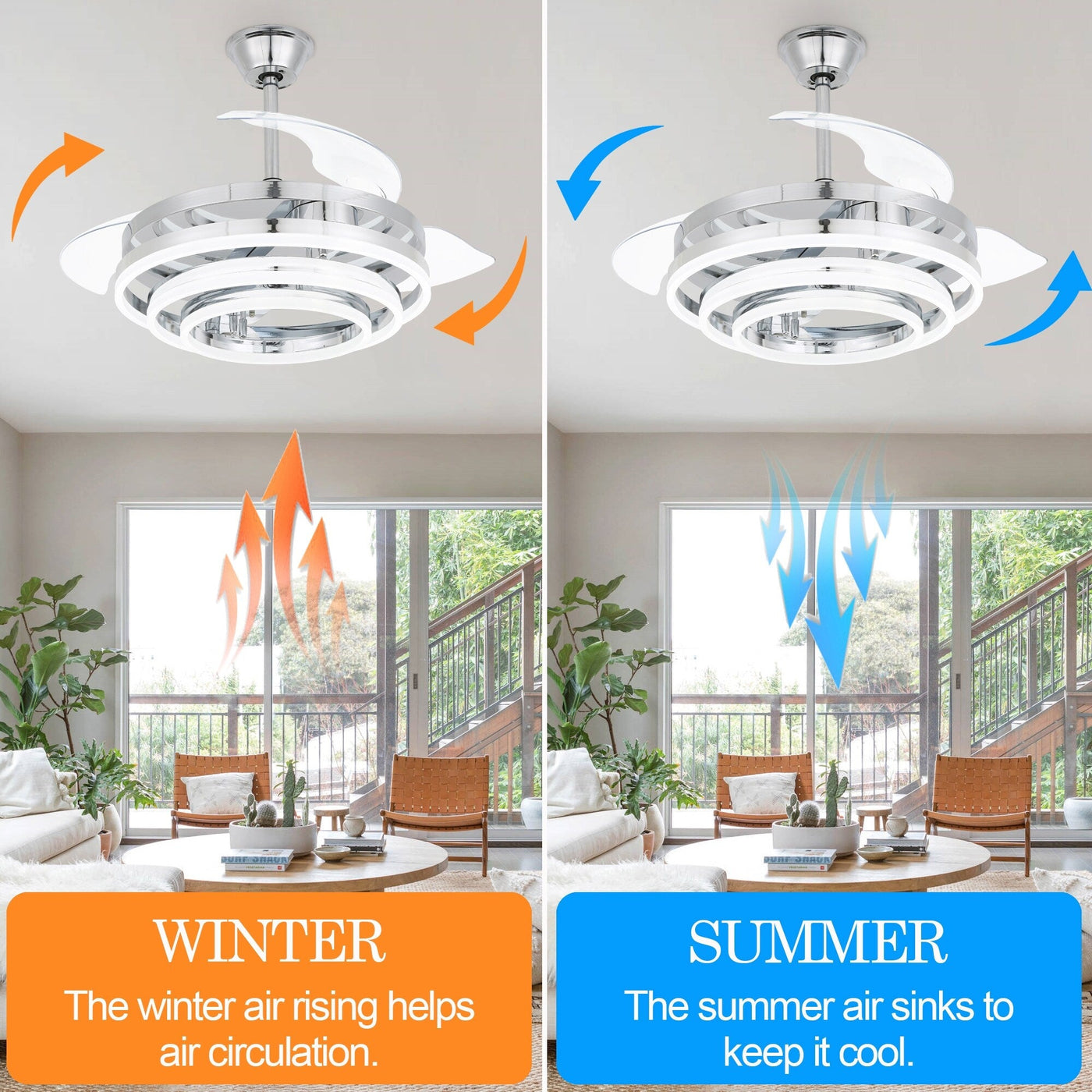 Cusp Barn 42 Retractable Ceiling Fan with Lights and Remote DIY Shape Fandelier Modern Silent DC Motor LED Ceiling Light