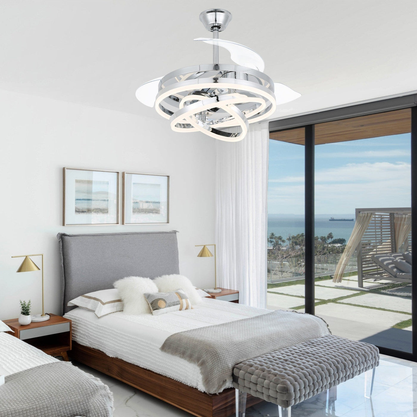 Cusp Barn 42 Retractable Ceiling Fan with Lights and Remote DIY Shape Fandelier Modern Silent DC Motor LED Ceiling Light