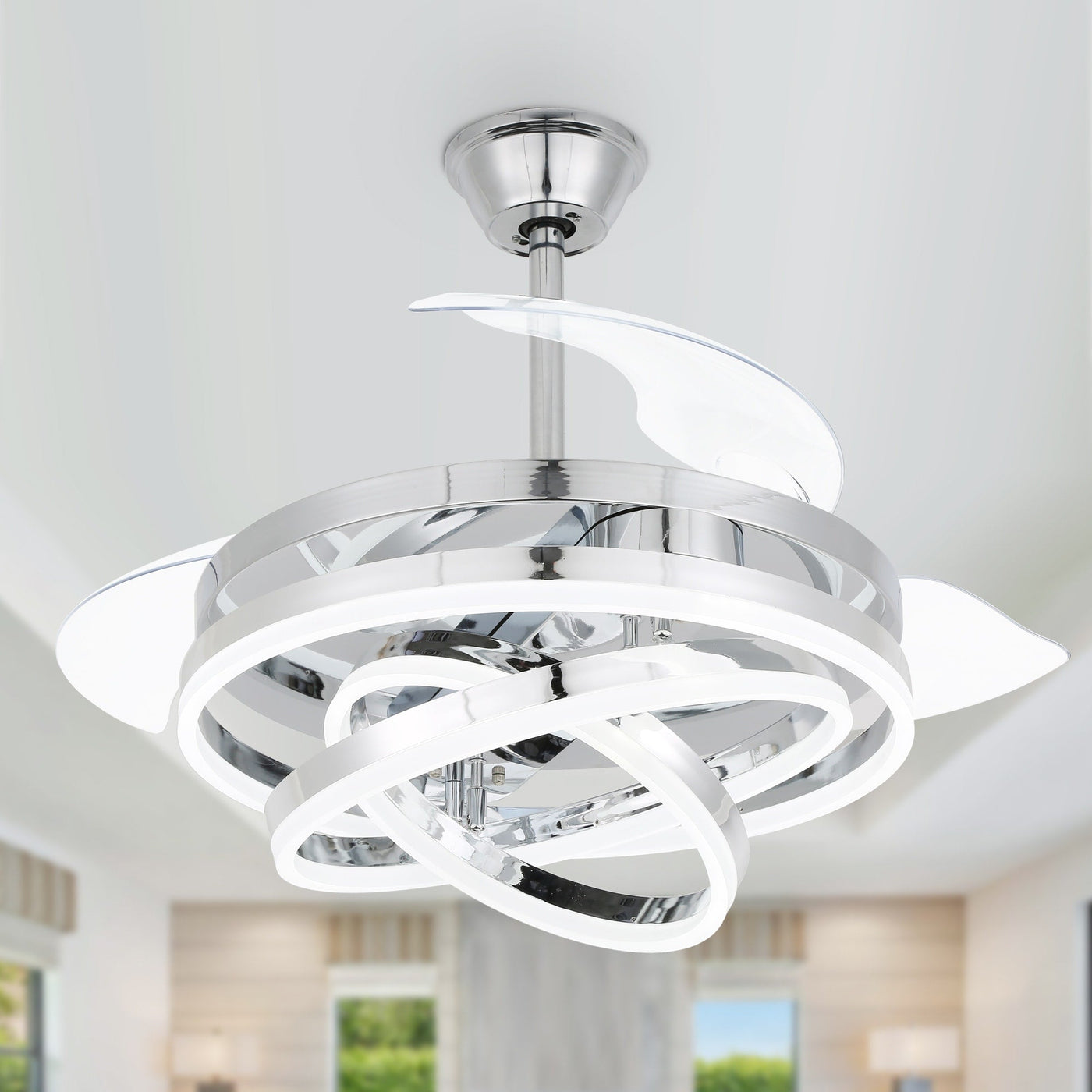 Cusp Barn 42 Retractable Ceiling Fan with Lights and Remote DIY Shape Fandelier Modern Silent DC Motor LED Ceiling Light