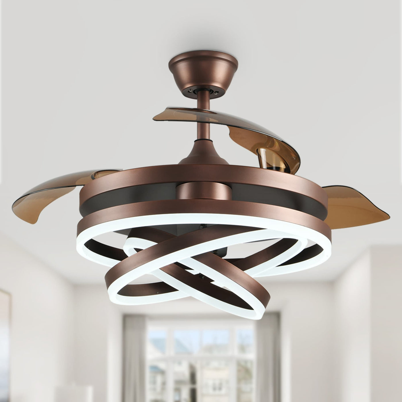 Cusp Barn 42 Retractable Ceiling Fan with Lights and Remote DIY Shape Fandelier Modern Silent DC Motor LED Ceiling Light