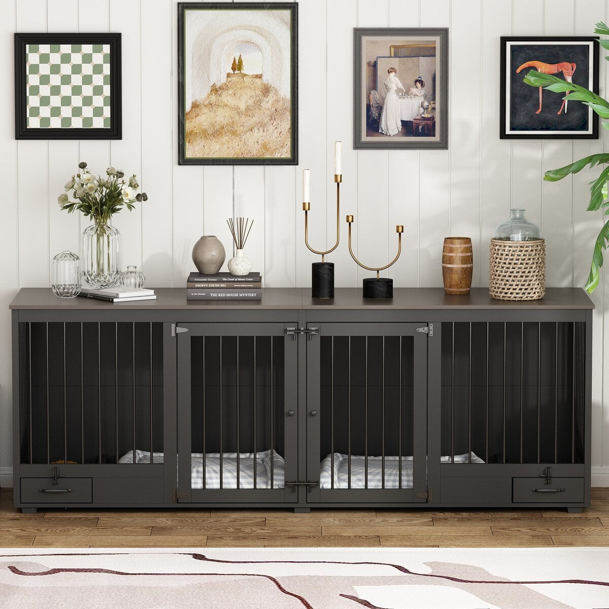 Dog Crate Furniture -Wooden Dog Kennel with Room Divider and 2 Drawers