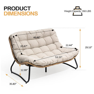 Double Papasan Chair Loveseat with Cushion, All-weather PE Rattan and Metal Frame for Indoor Outdoor