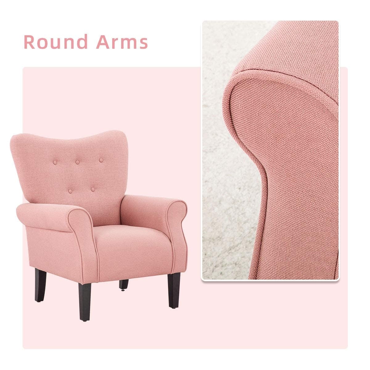 Erommy Modern Accent Chair, High Back Armchair, Upholstered Fabric Button Single Sofa with Wooden Legs for Living Room