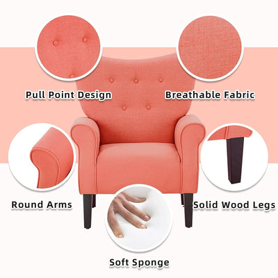 Erommy Modern Accent Chair, High Back Armchair, Upholstered Fabric Button Single Sofa with Wooden Legs for Living Room