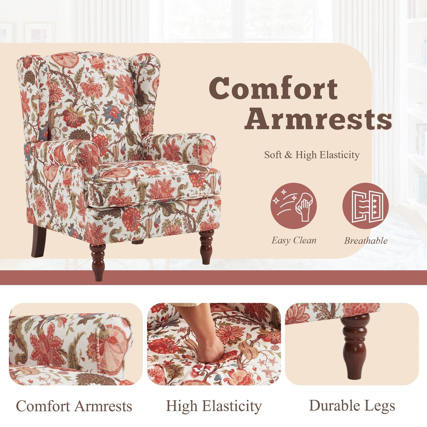 Erommy Modern Accent Chair, High Back Armchair, Upholstered Fabric Button Single Sofa with Wooden Legs for Living Room