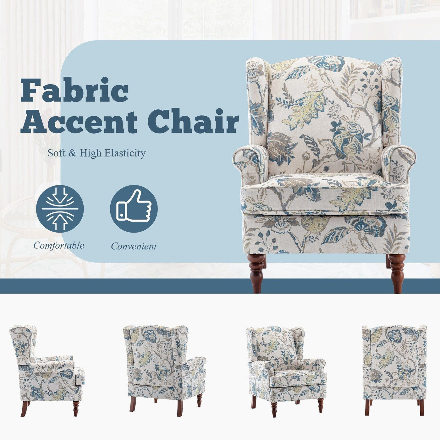 Erommy Modern Accent Chair, High Back Armchair, Upholstered Fabric Button Single Sofa with Wooden Legs for Living Room