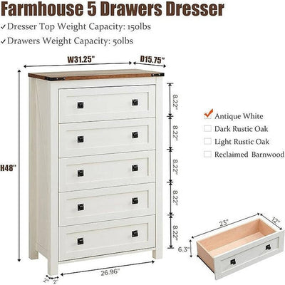 48 Tall Farmhouse 5 Drawer Wood Dresser, Chest of Drawers for Bedroom