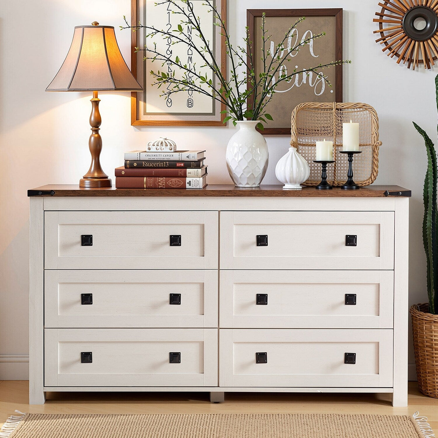 Farmhouse 6 Drawer Dresser, Wood TV Stand, Chest of Drawers