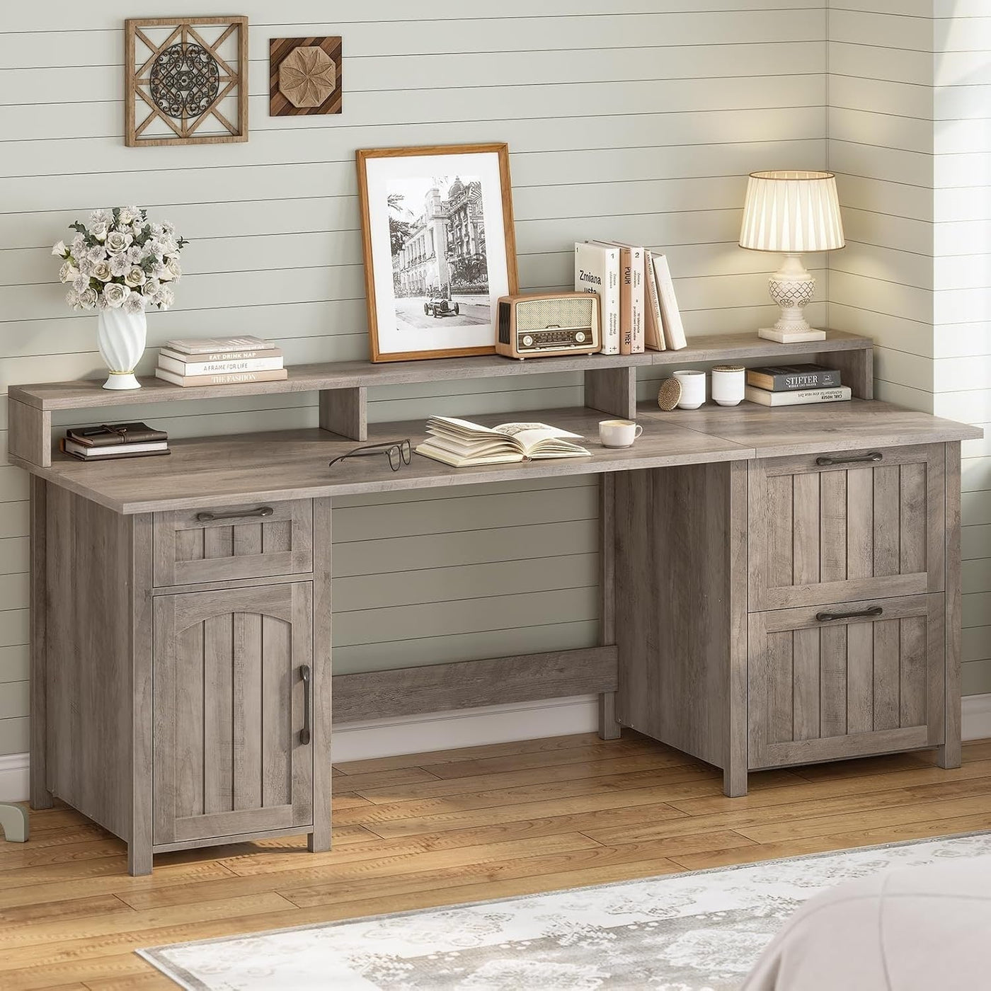 Farmhouse Executive Desk Home Office Desk File Drawer Monitor Stand Power Outlet