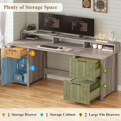 Farmhouse Executive Desk Home Office Desk File Drawer Monitor Stand Power Outlet