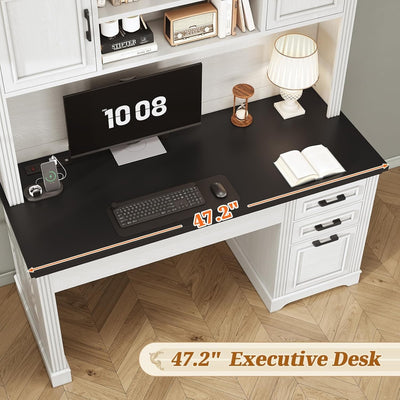 Farmhouse Executive Desk Home Office Desk File Drawer Monitor Stand Power Outlet