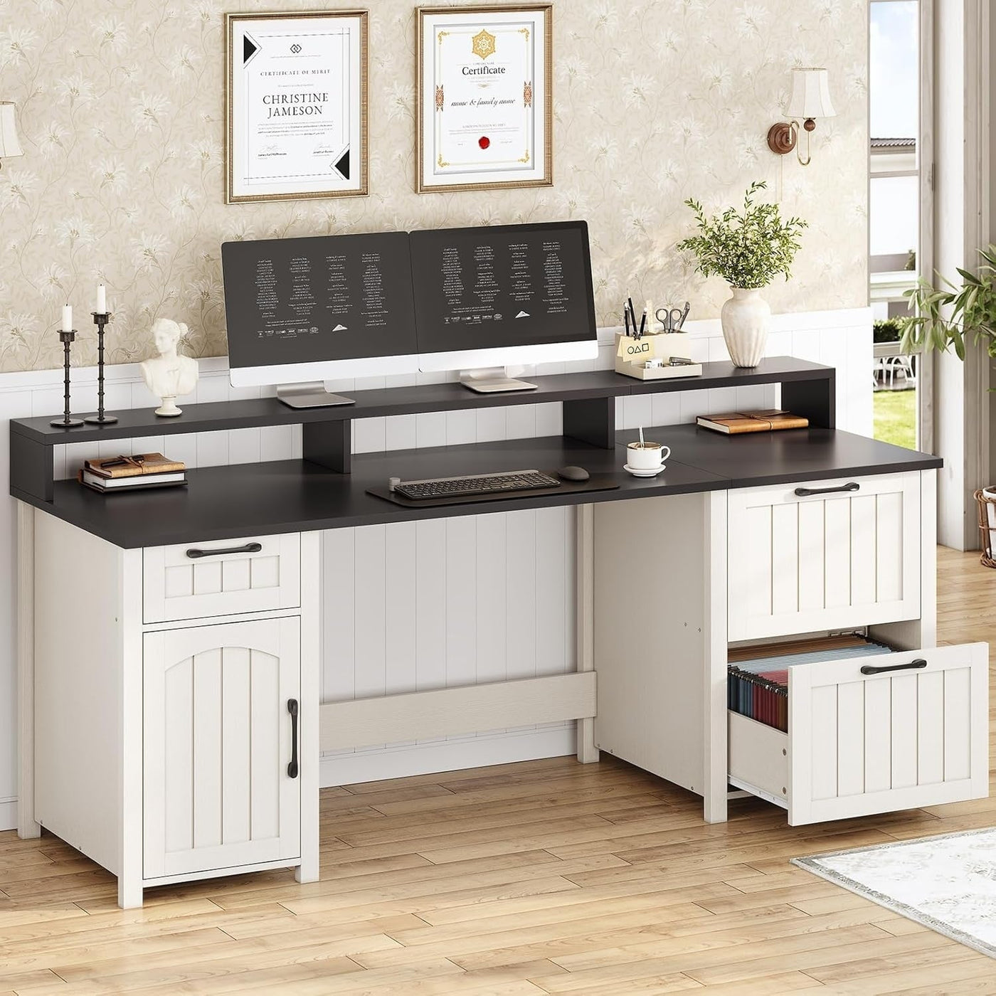 Farmhouse Executive Desk Home Office Desk File Drawer Monitor Stand Power Outlet