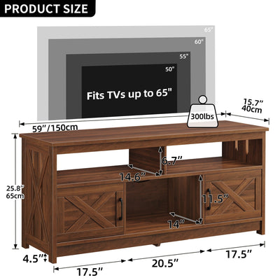 Farmhouse TV Stand for up to 65 TV with Doors and Open Shelves Media Console Power Outlet