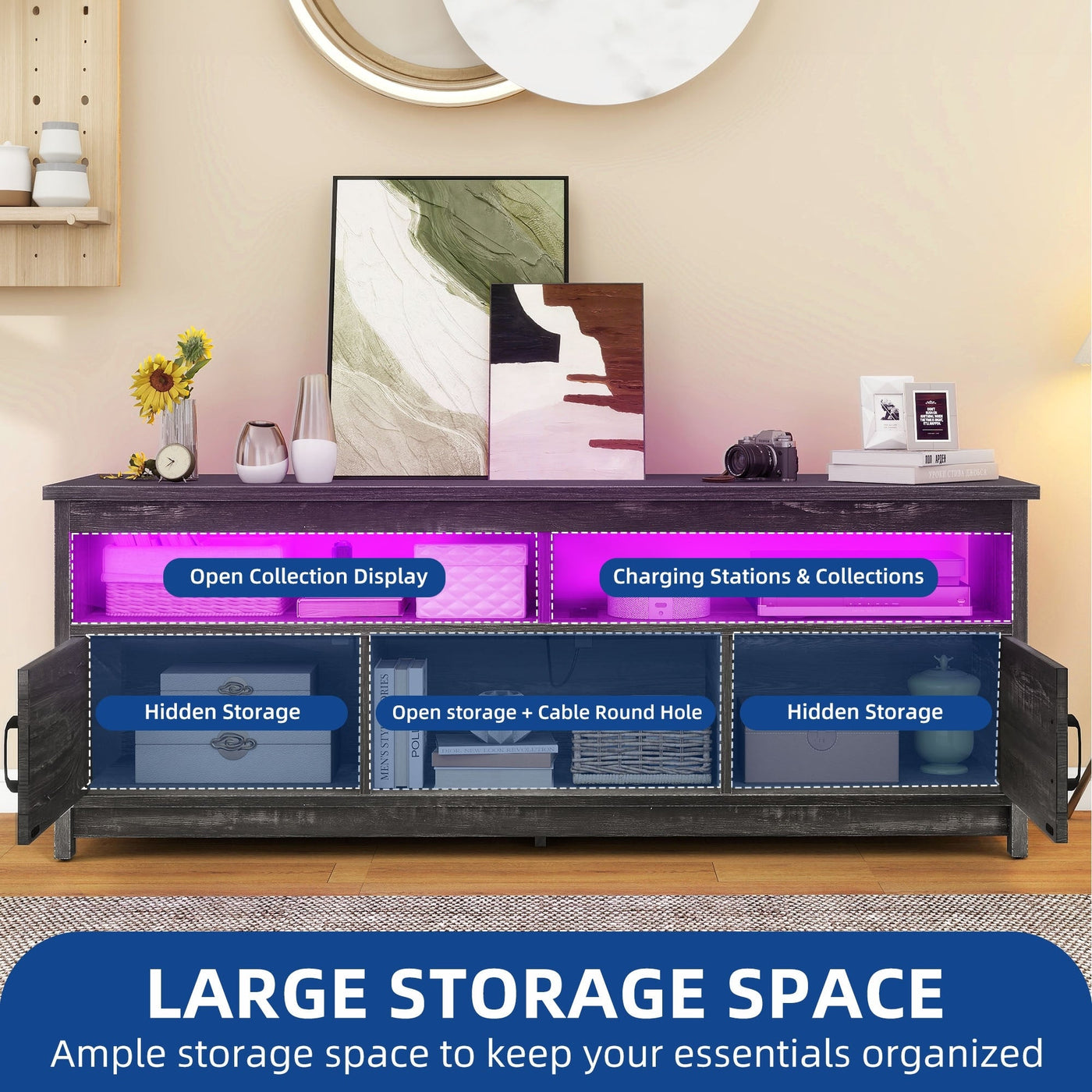 Farmhouse TV Stand for up to 65 TV with Doors and Open Shelves Media Console Power Outlet