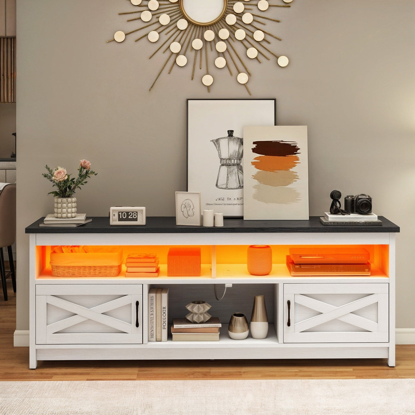 Farmhouse TV Stand for up to 65 TV with Doors and Open Shelves Media Console Power Outlet