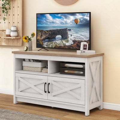Farmhouse TV Stand for up to 65 TV with Doors and Open Shelves Media Console Power Outlet