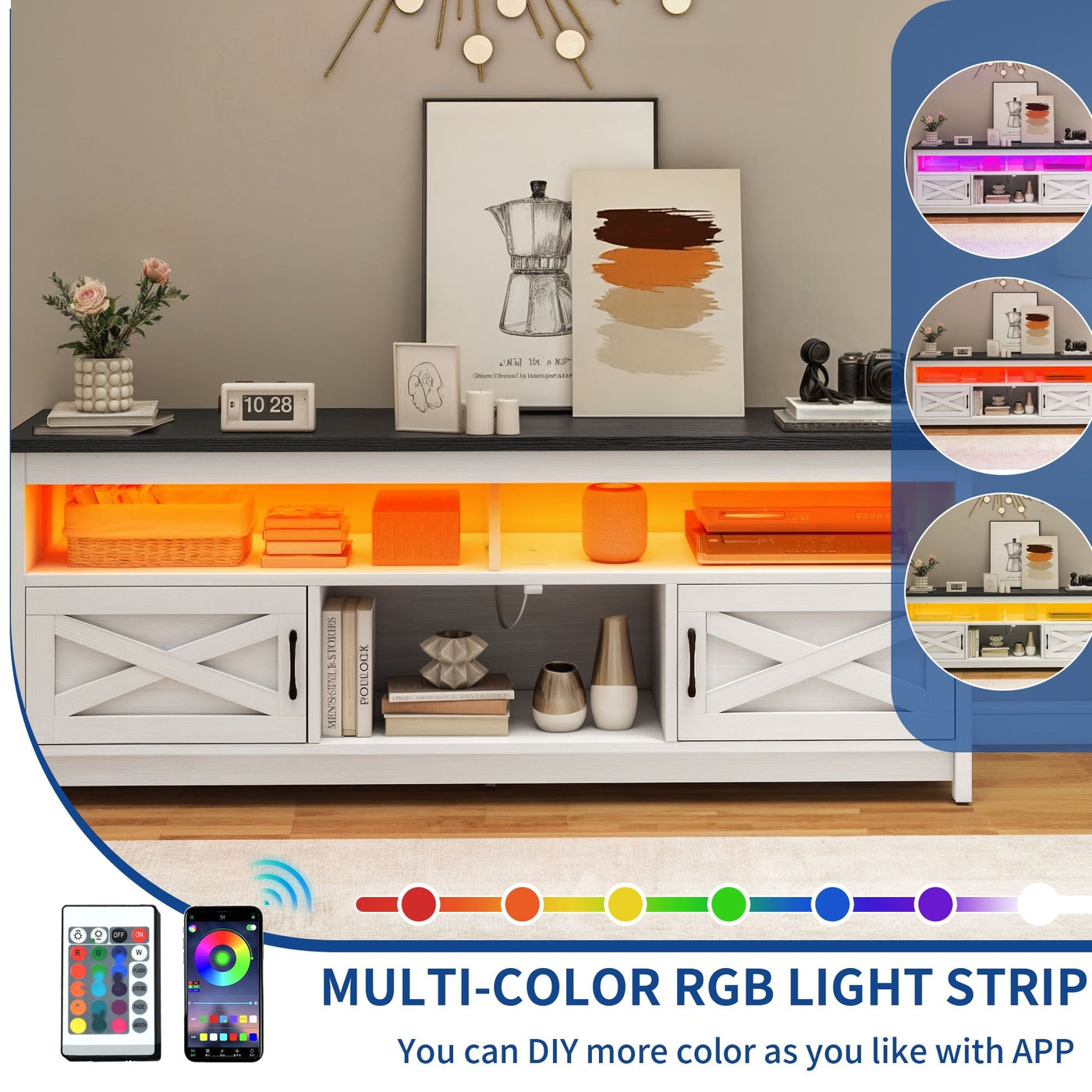 Farmhouse TV Stand for up to 65 TV with Doors and Open Shelves Media Console Power Outlet