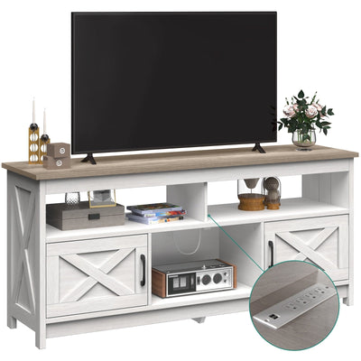 Farmhouse TV Stand for up to 65 TV with Doors and Open Shelves Media Console Power Outlet