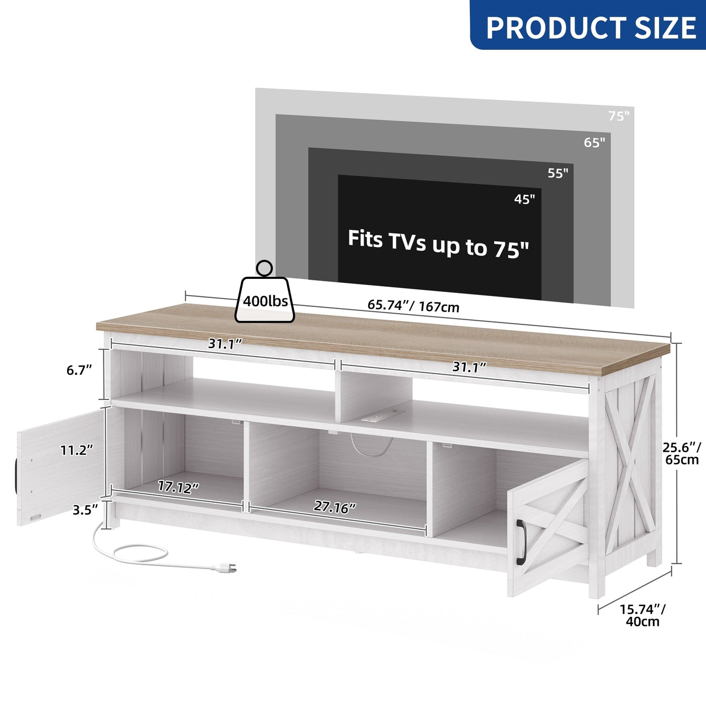 Farmhouse TV Stand for up to 65 TV with Doors and Open Shelves Media Console Power Outlet