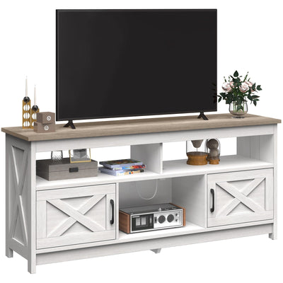 Farmhouse TV Stand for up to 65 TV with Doors and Open Shelves Media Console Power Outlet