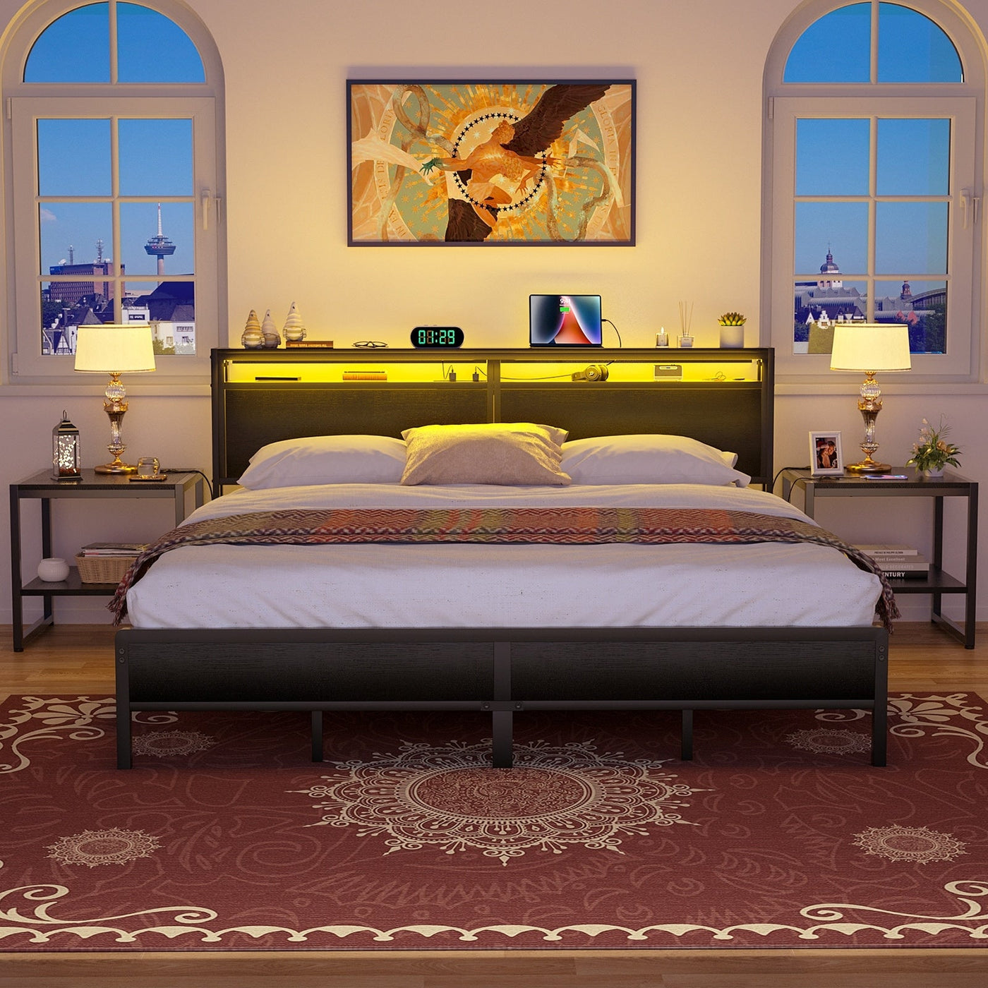 Farmhouse Wood Platform Bed Frame with Charged Station and LED Lights