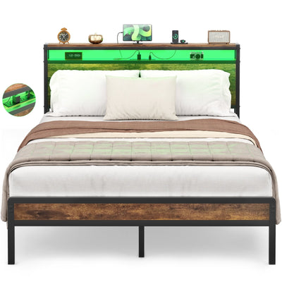 Farmhouse Wood Platform Bed Frame with Charged Station and LED Lights