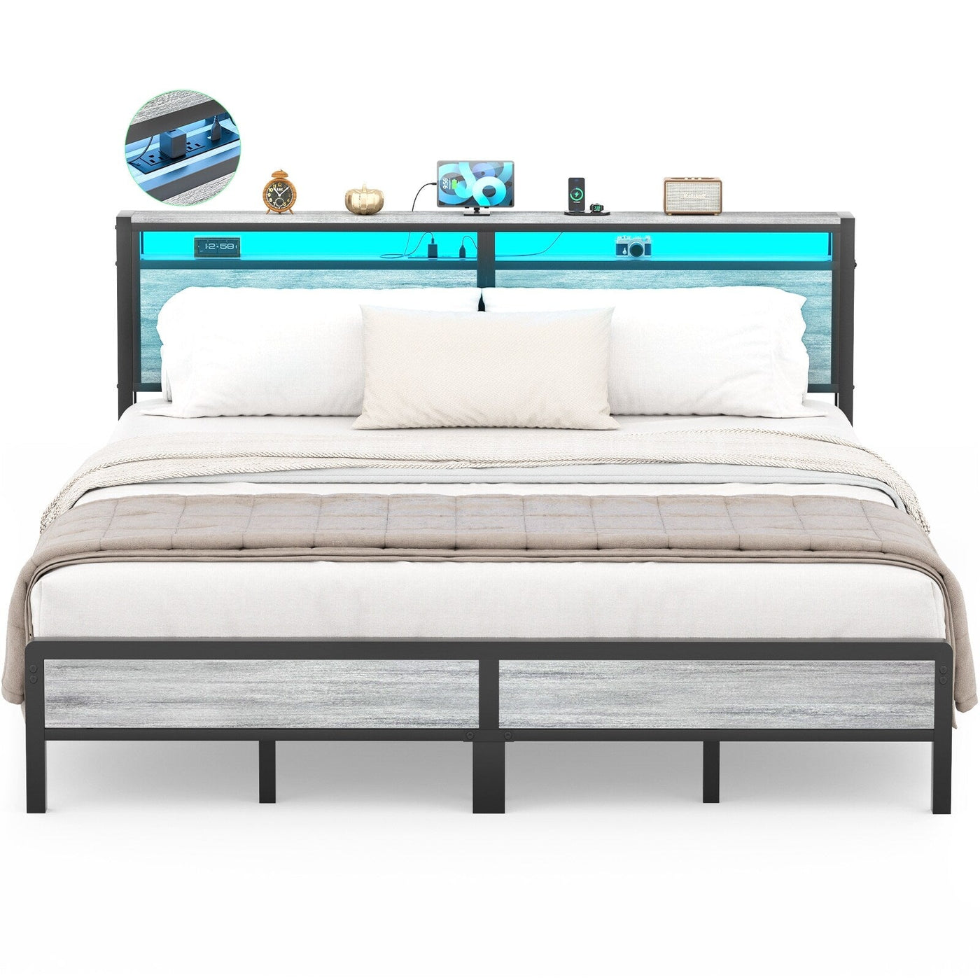 Farmhouse Wood Platform Bed Frame with Charged Station and LED Lights