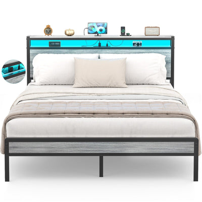 Farmhouse Wood Platform Bed Frame with Charged Station and LED Lights