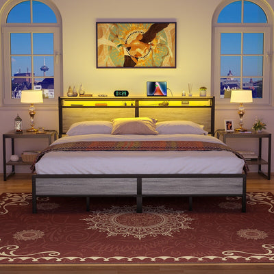 Farmhouse Wood Platform Bed Frame with Charged Station and LED Lights