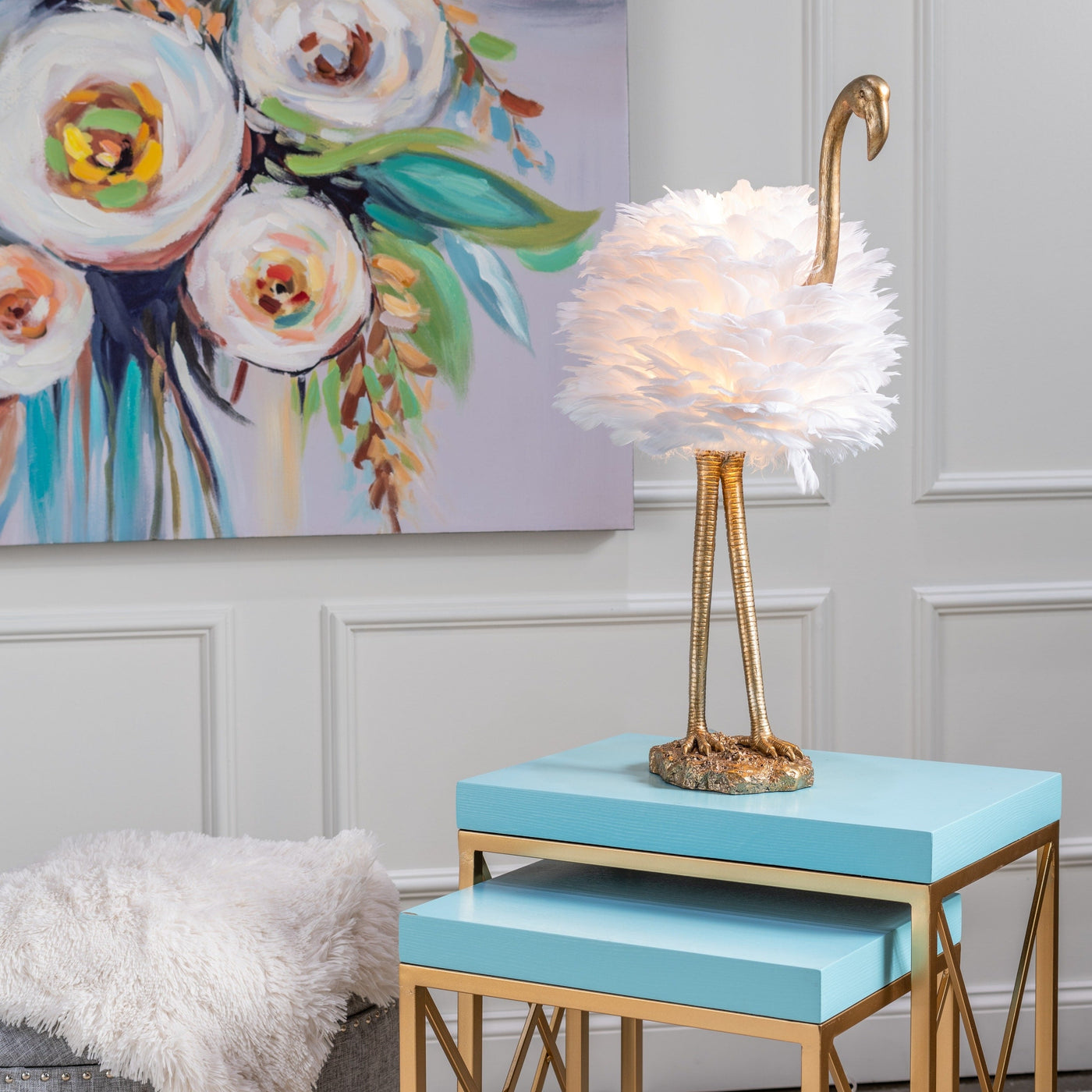 Flamingo Table Lamp - White and Gold - 30.5 H - 30H x 19W x 14D