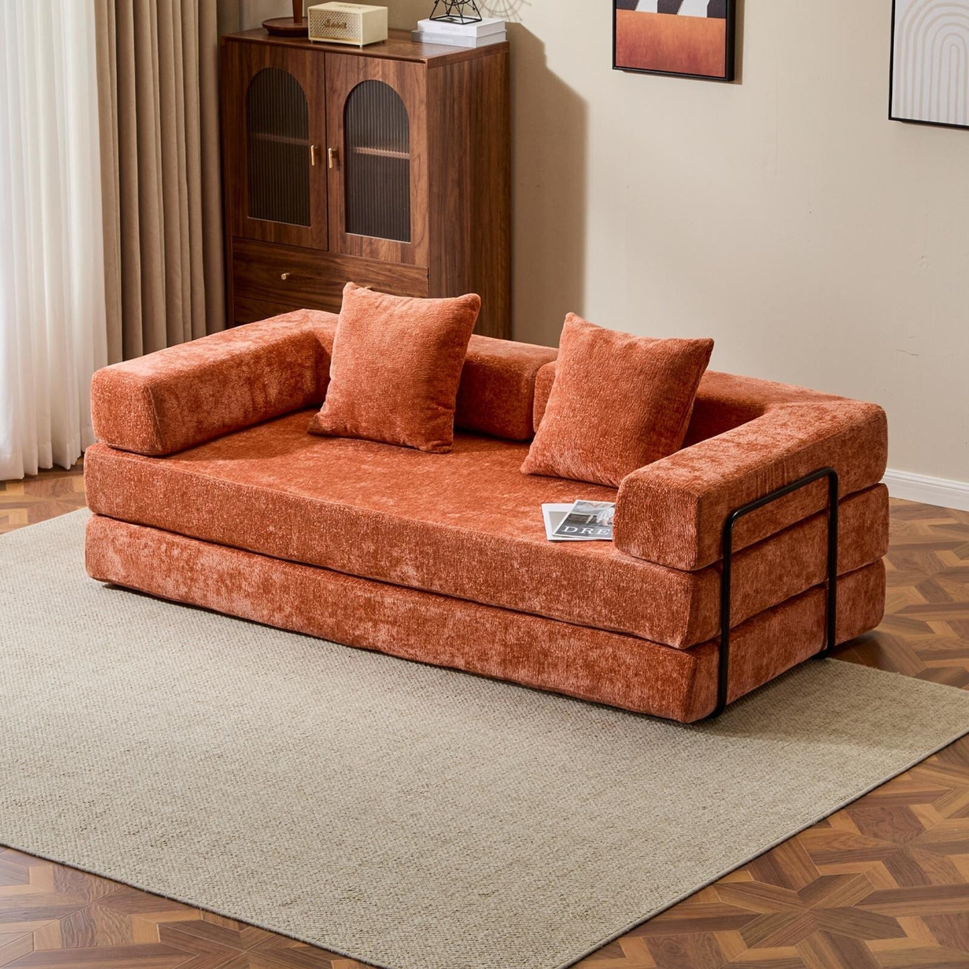 Floor Sofa Bed Convertible with Pillow Back Chenille Fabric for Living Room Bedroom