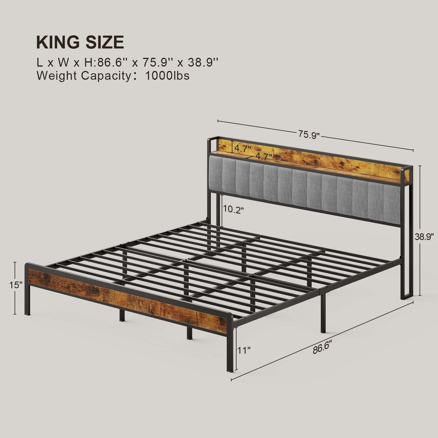 Twin / Full / Queen / King Size Metal Platform Bed Frame with Upholstered Storage Headboard