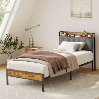 Twin / Full / Queen / King Size Metal Platform Bed Frame with Upholstered Storage Headboard