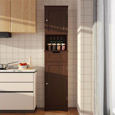 67'' Tall Bathroom Narrow Linen Cabinet, 5 Tiers Solid Wood Freestanding Storage Cabinet